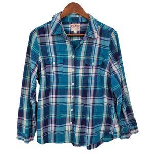Old Navy Womens Blue Plaid Button Up Shirt Sz L Long Sleeve Flannel Cotton